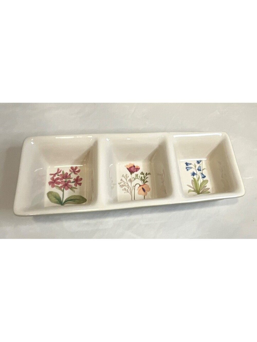 Longaberger Large Ceramic 3-Compartment Rectangular Tray Floral White/Green